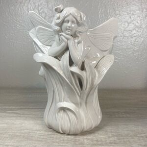 Fitz and Floyd Fairy Vase Art Nouveau Style Vintage Woodland White 9in Tall Chip